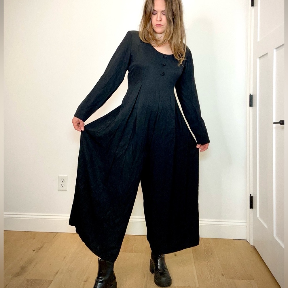 Vintage 90s Express Black Long Sleeve Palazzo Jumpsuit with Back-tie - Picture 3 of 6